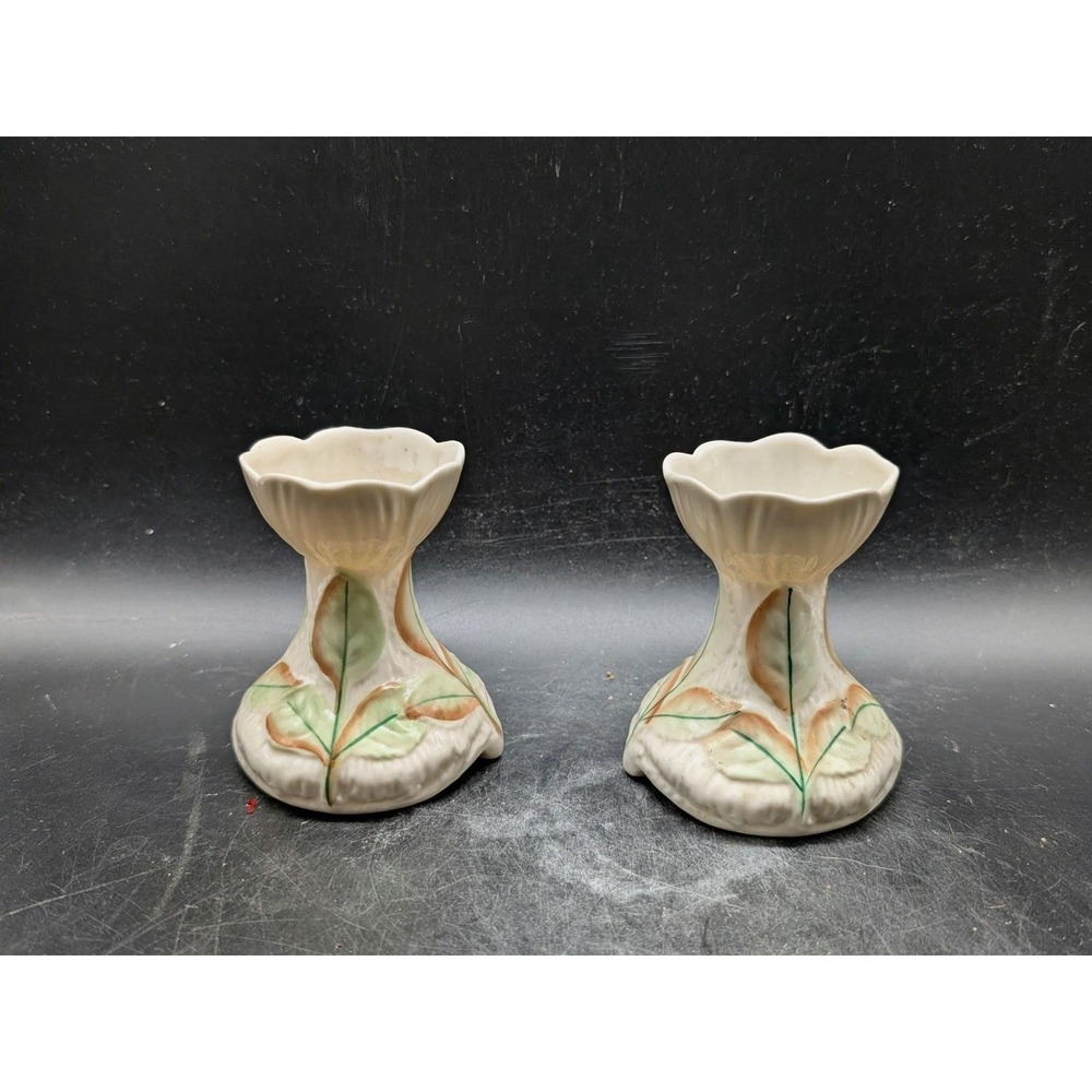 Belleek Ireland Autumn Leaves Parian China Candlestick Holders Set/2 Green Mark